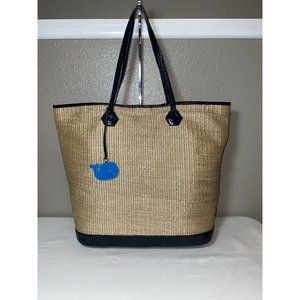 Vintage Jonathan Adler XL Natural Straw Tote Bag W/ Blue P